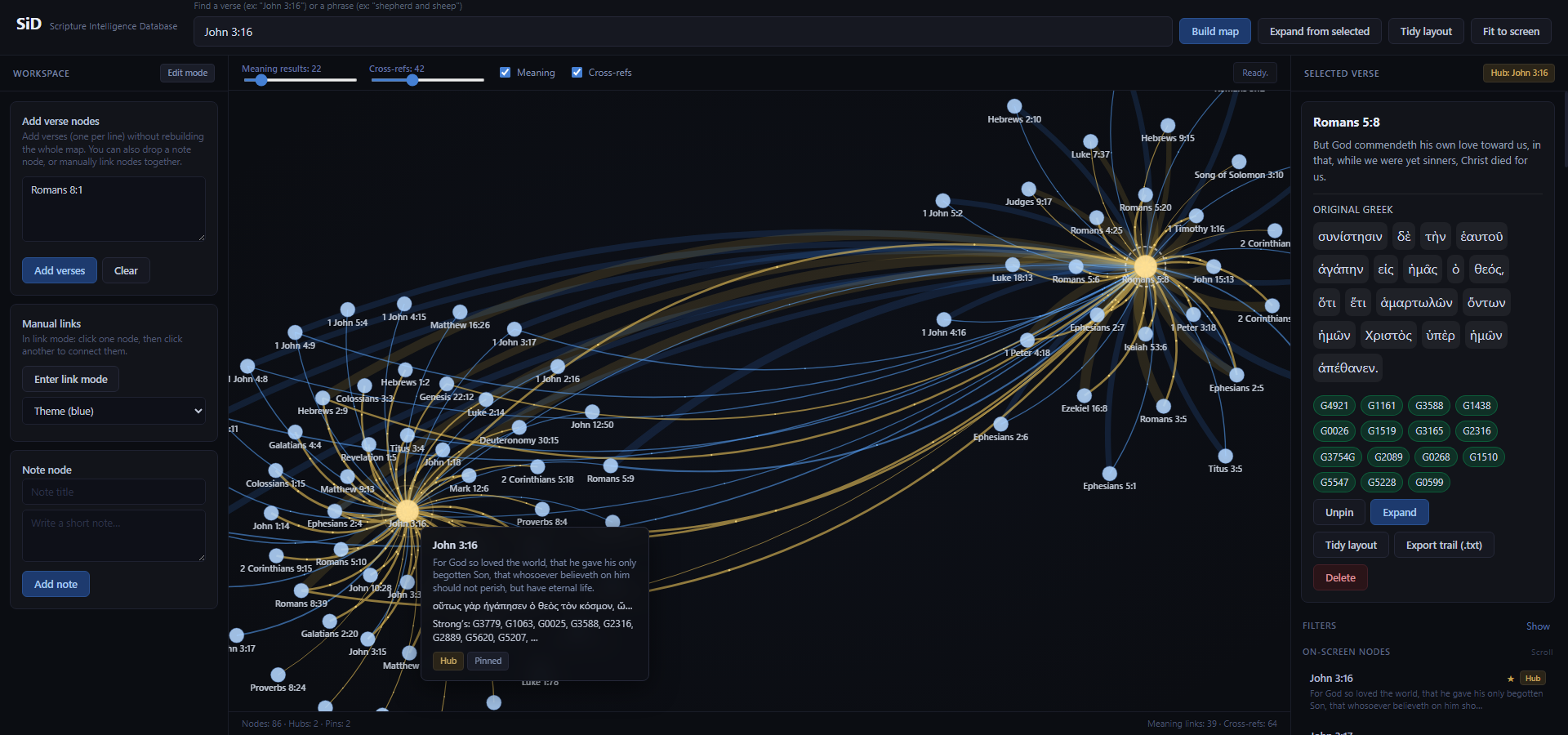 SiD expanded graph with Romans 5:8 selected and Strong's Greek display